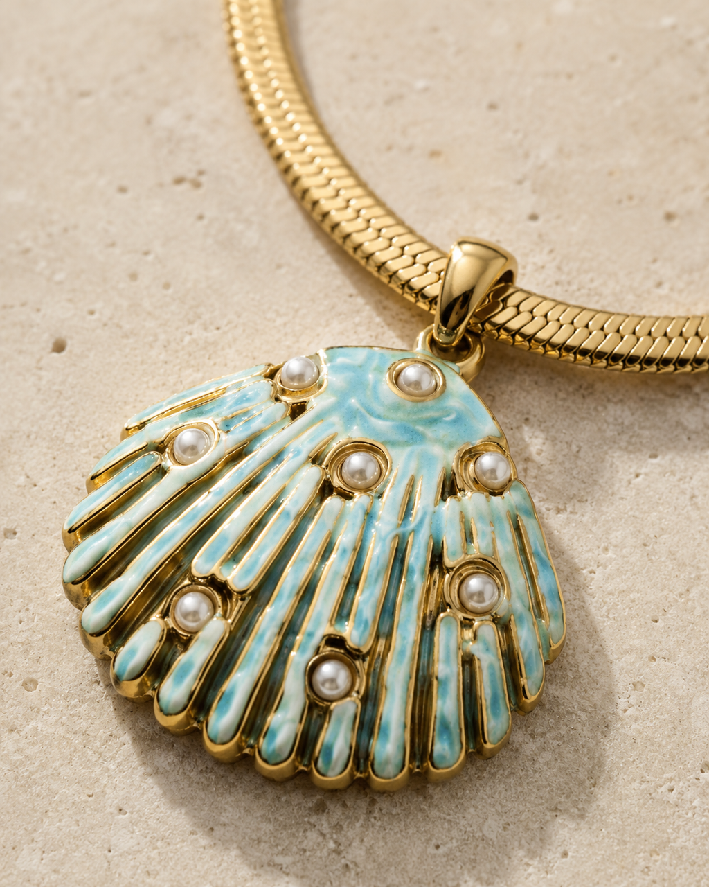 Alternate product view of Sea Glow Scallop Shell Necklace by AURAM with coastal shell pendant styling