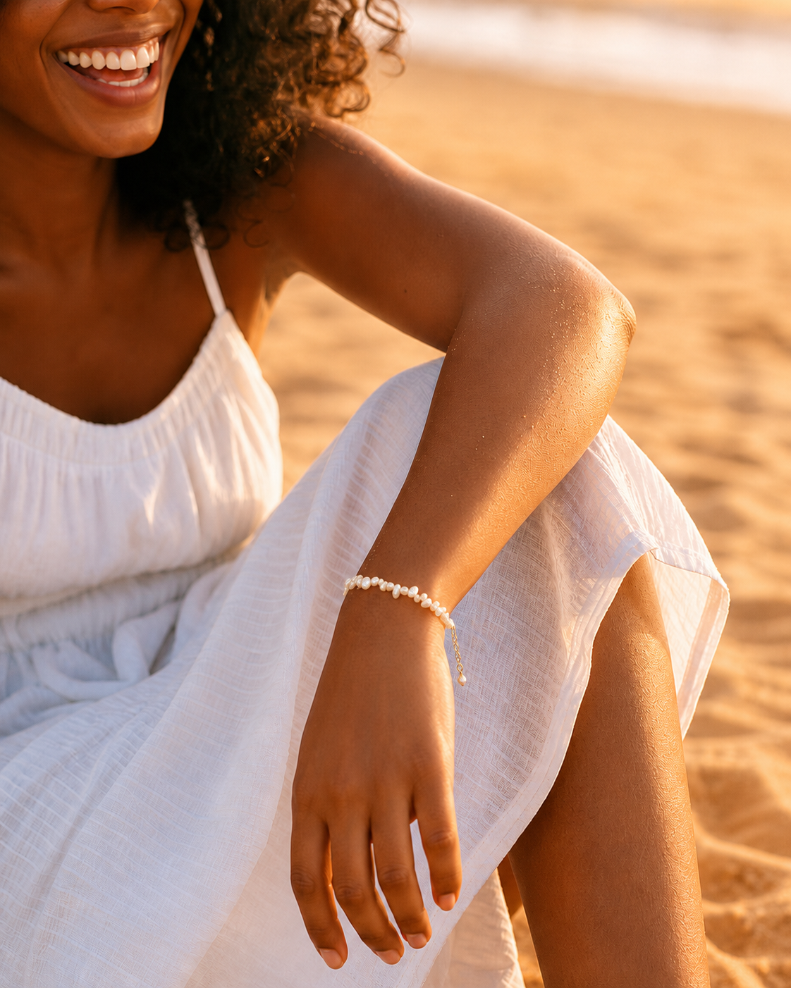 Styled view of A Quiet Tide Pearl Bracelet by AURAM with naturally irregular pearl shapes