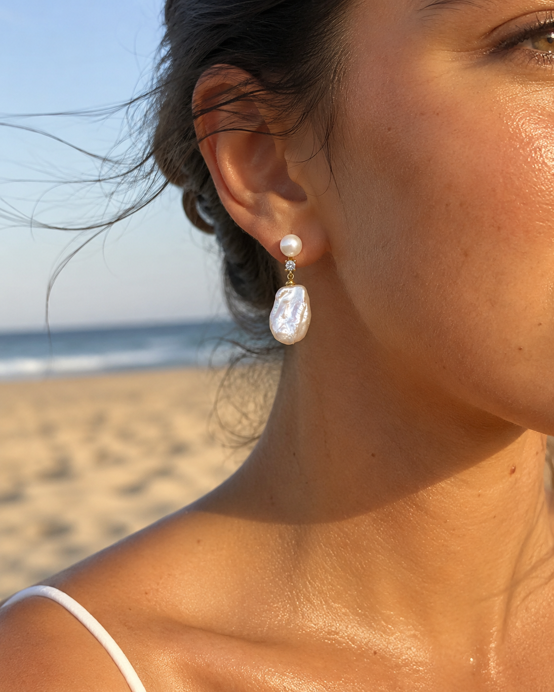 Additional view of Moon Tide Baroque Pearl Earrings by AURAM with moon-inspired baroque pearl detail