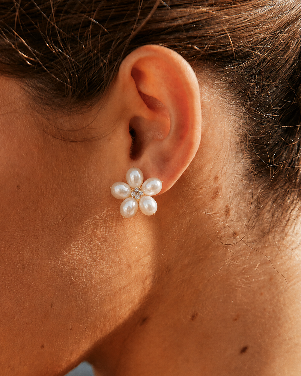Detail view of Inner Bloom Pearl Earrings by AURAM with soft floral-inspired pearl styling