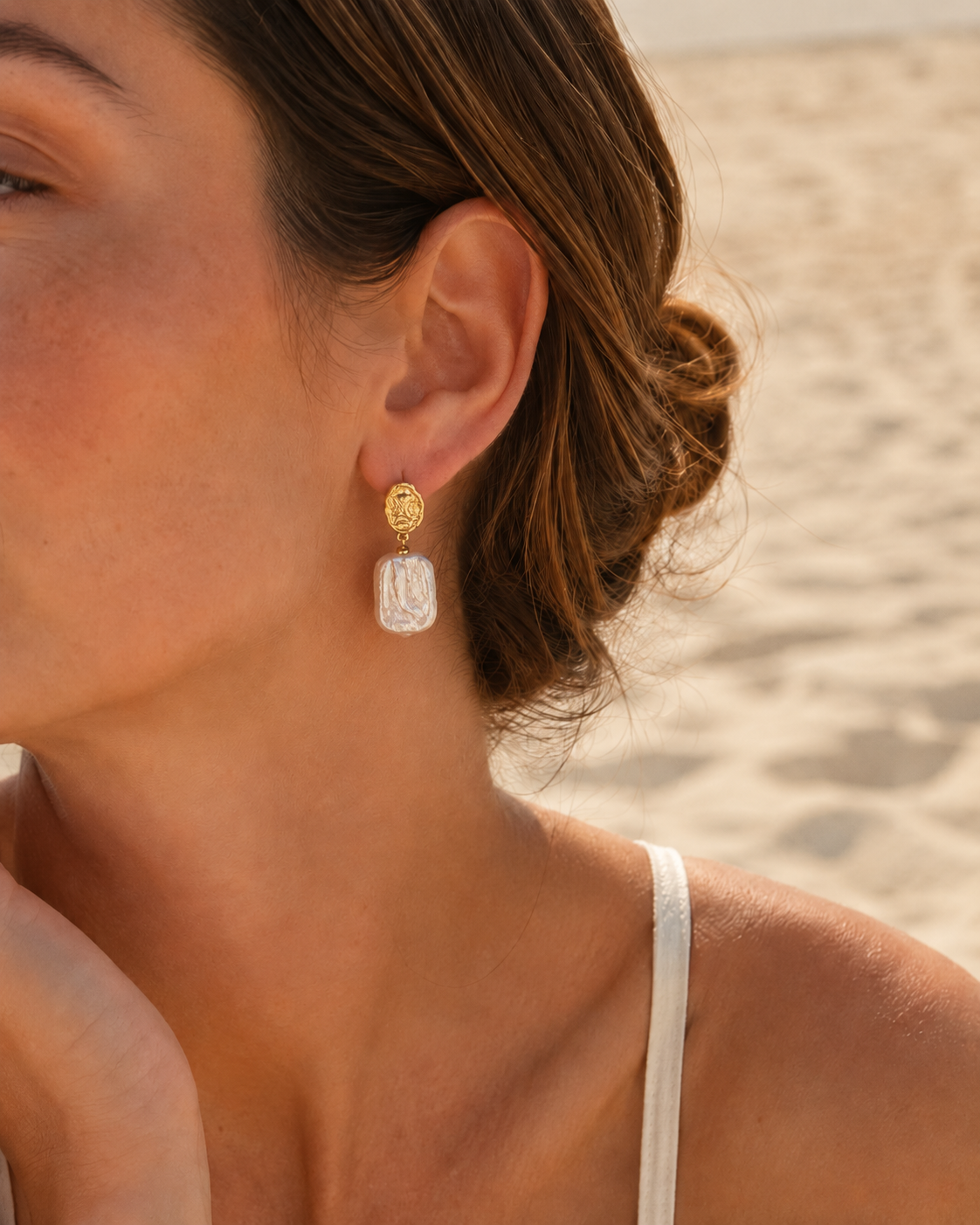 Alternate product view of Sunlit Relic Baroque Pearl Earrings by AURAM with organic baroque-style pearls