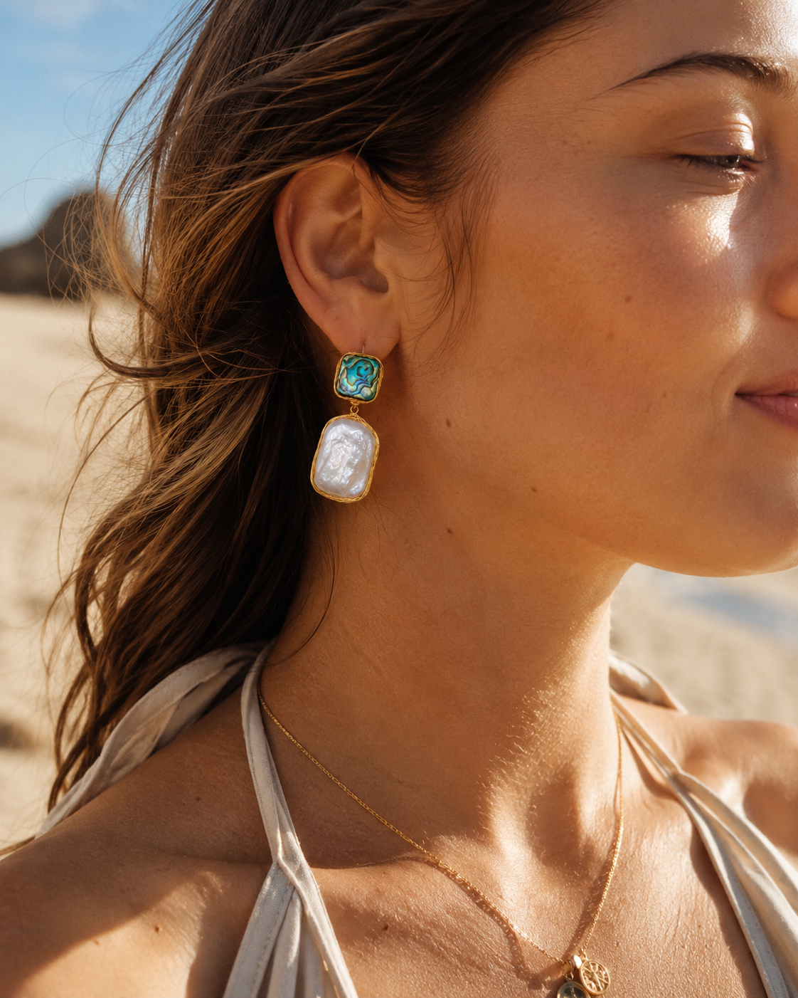 Additional view of Ocean Aura Baroque Pearl Earrings by AURAM with natural pearl glow and coastal styling