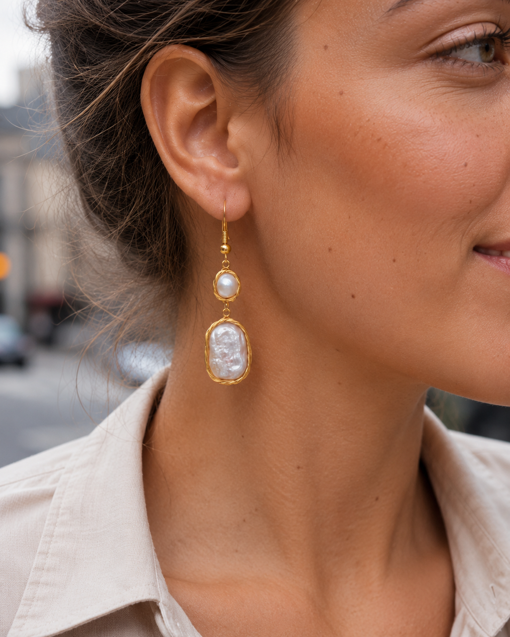 Alternate product view of Whispering Tide Baroque Pearl Drop Earrings by AURAM with soft coastal pearl styling