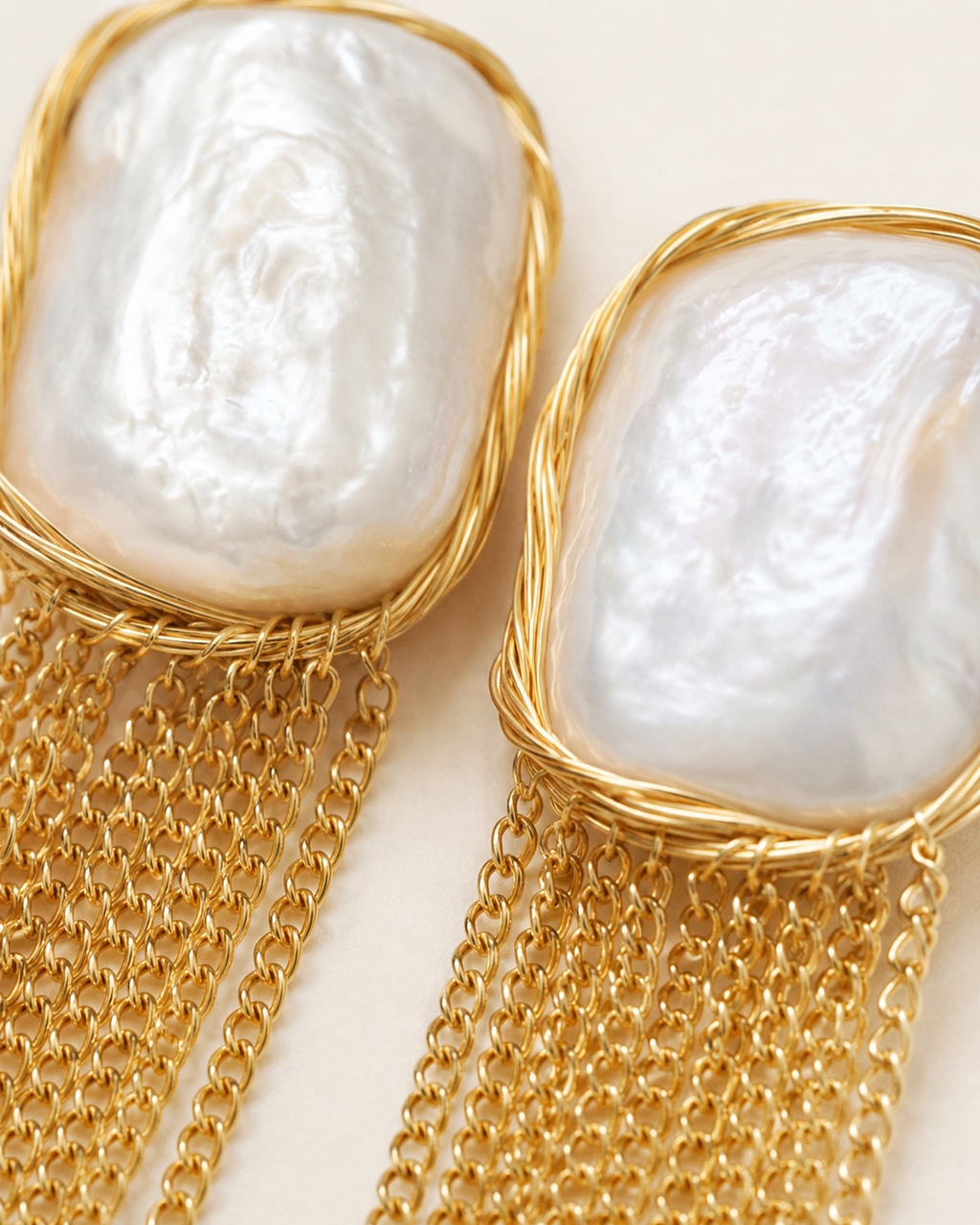 Alternate product view of Falling Light Baroque Pearl Tassel Earrings by AURAM with organic pearl drops
