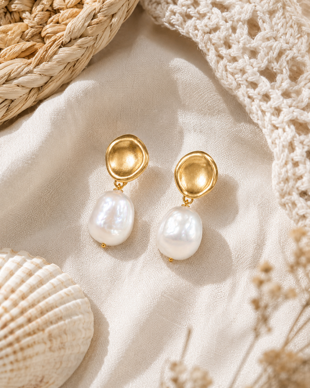 Alternate product view of Golden Halo Baroque Pearl Drop Earrings by AURAM with gold-tone halo detail