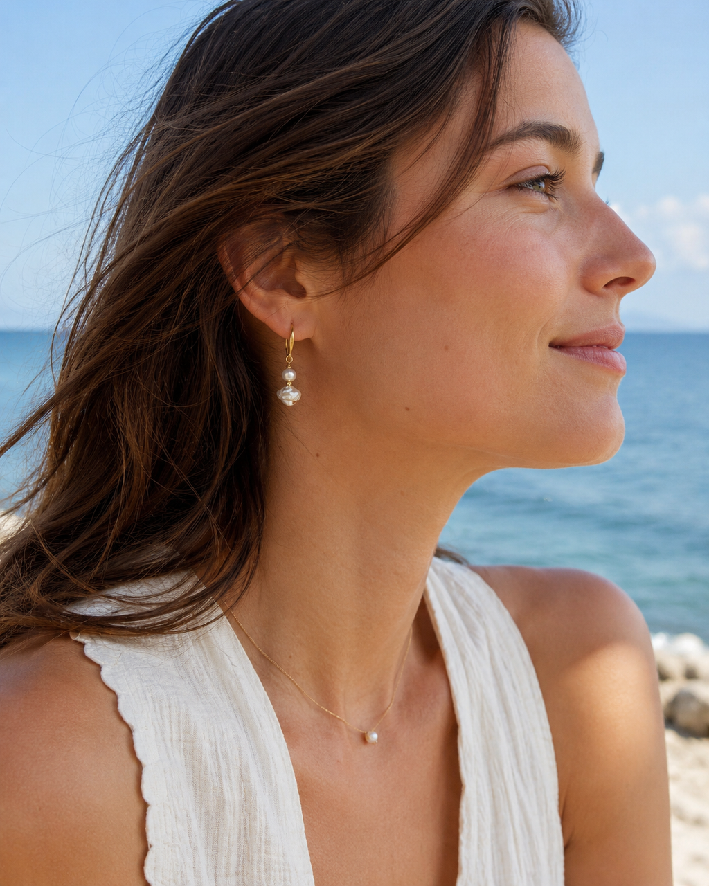 Additional view of Seafoam Baroque Pearl Drop Earrings by AURAM with organic pearl shapes and coastal styling