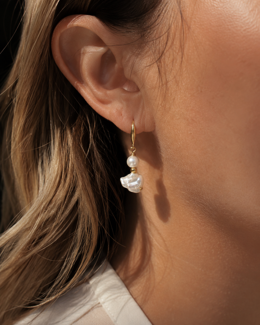 Alternate product view of Seafoam Baroque Pearl Drop Earrings by AURAM with organic pearl shapes and coastal styling