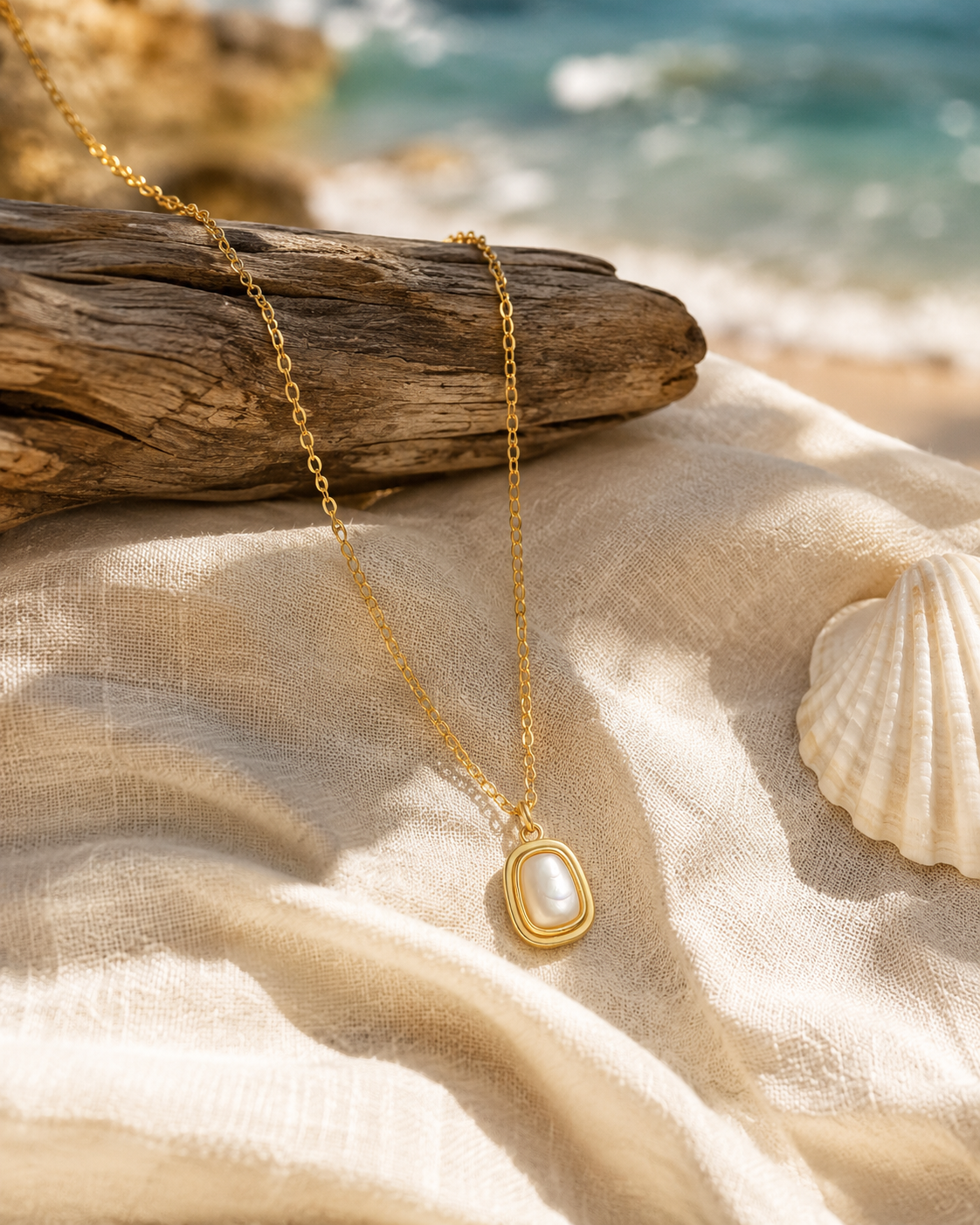 Styled view of Sunlit Tide Mother-of-Pearl Pendant Necklace by AURAM with luminous shell-inspired pendant