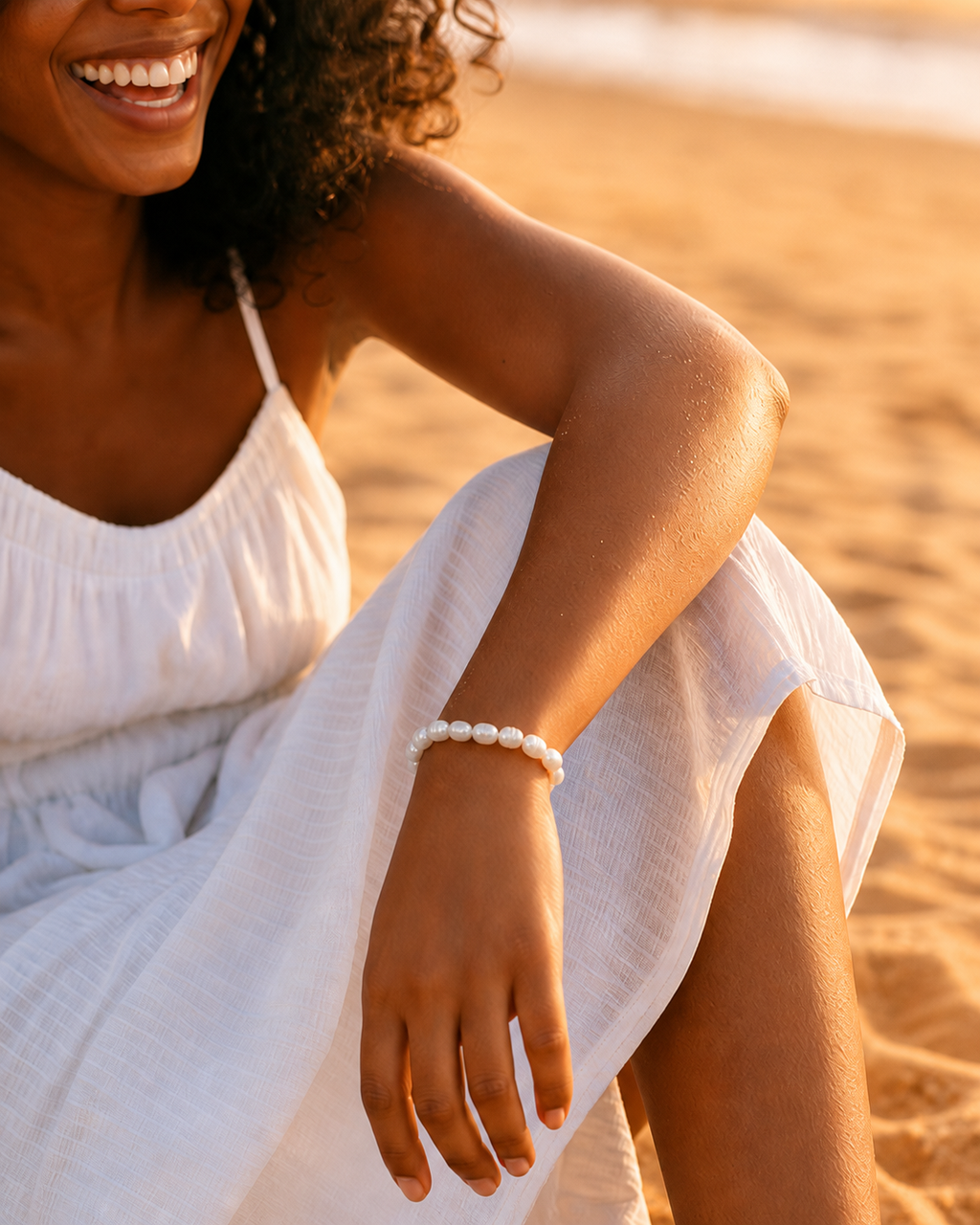 Detail view of Lucky Pearl Bracelet by AURAM with naturally irregular freshwater pearls