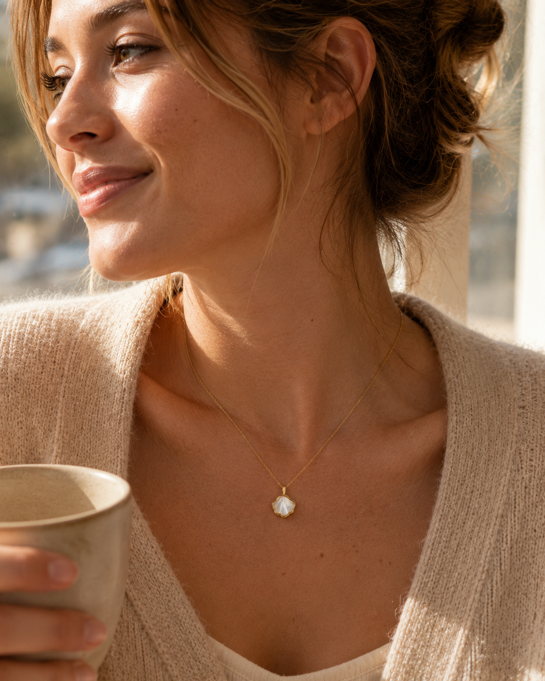 Alternate product view of Shell Bloom Mother-of-Pearl Pendant Necklace by AURAM with floral shell-inspired pendant