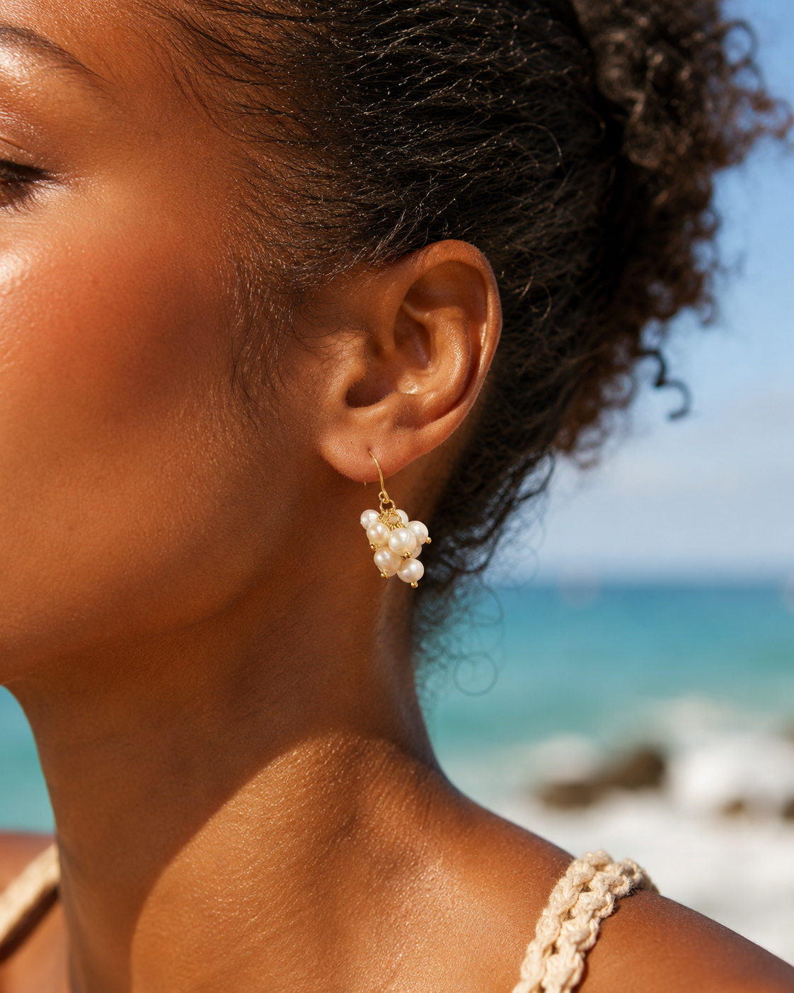 Detail view of Pearl Vine Cluster Earrings by AURAM with clustered pearl and vine-inspired styling