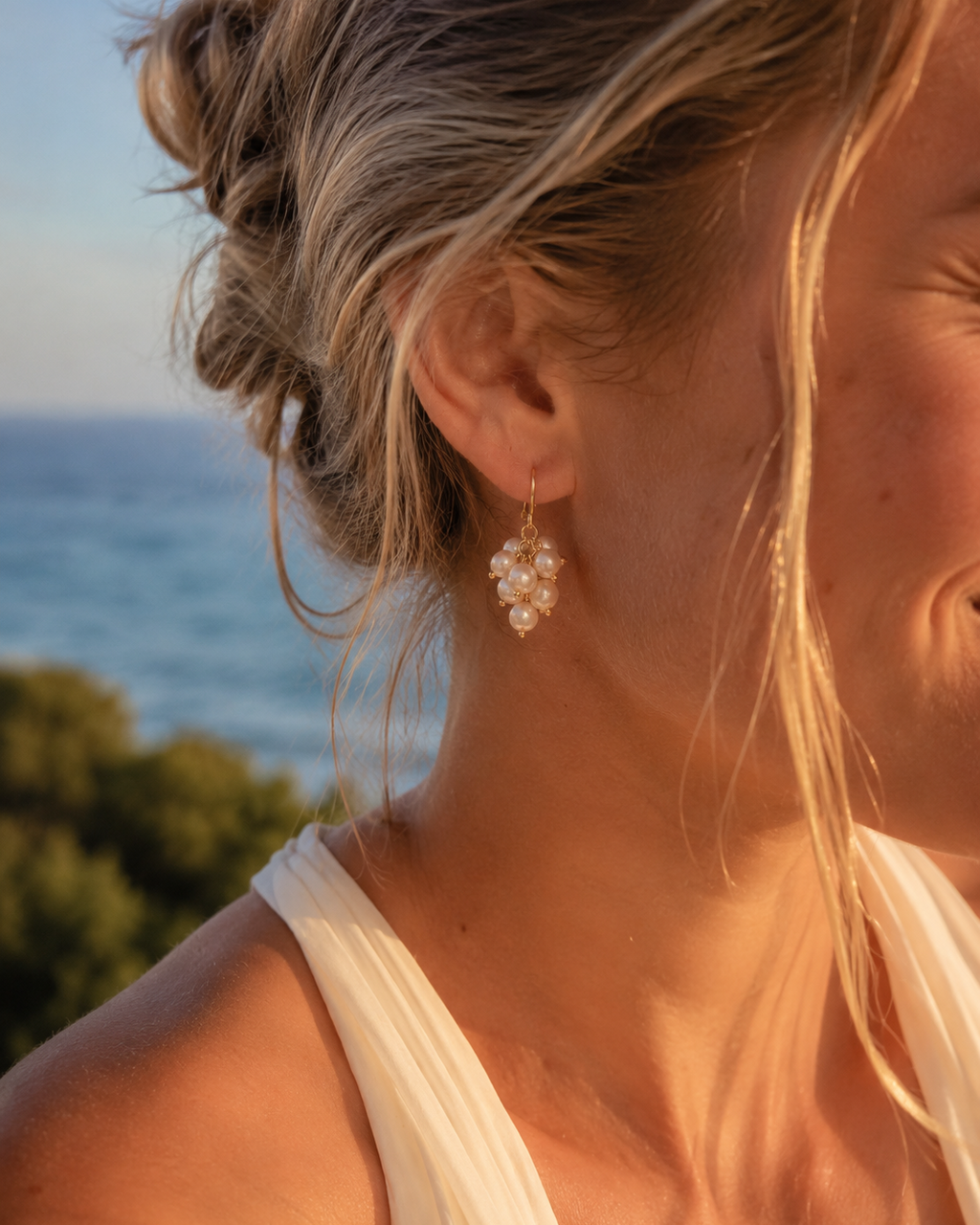 Alternate product view of Pearl Vine Cluster Earrings by AURAM with clustered pearl and vine-inspired styling
